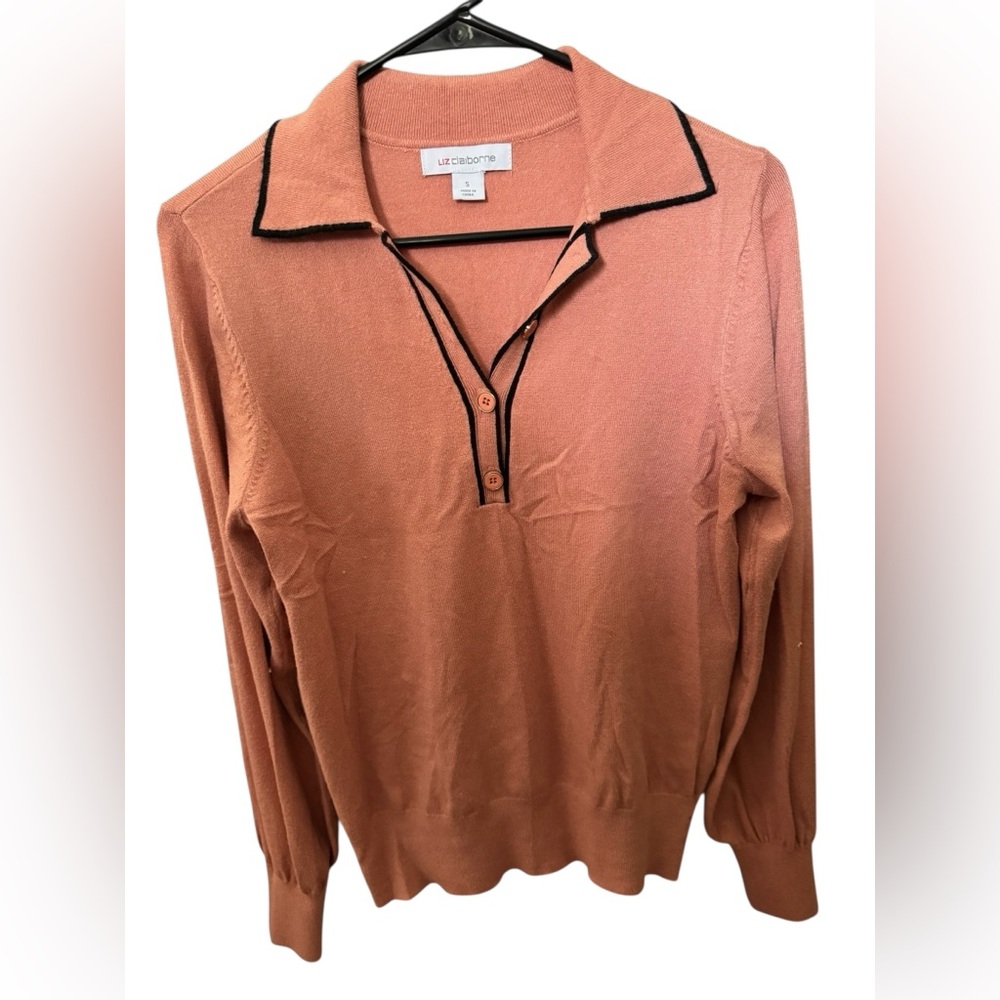 Liz Claiborne Women’s Long-Sleeve Sweater Size S Rust/Blush Tone with Black Trim